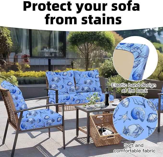 8Pcs Outdoor Cushion Covers, Patio Cushion Covers,Stretch Elastic Slipcovers, Replacement Washable & Reusable Furniture Protector for Patio Couch (Shells & Fish,Cover Only)