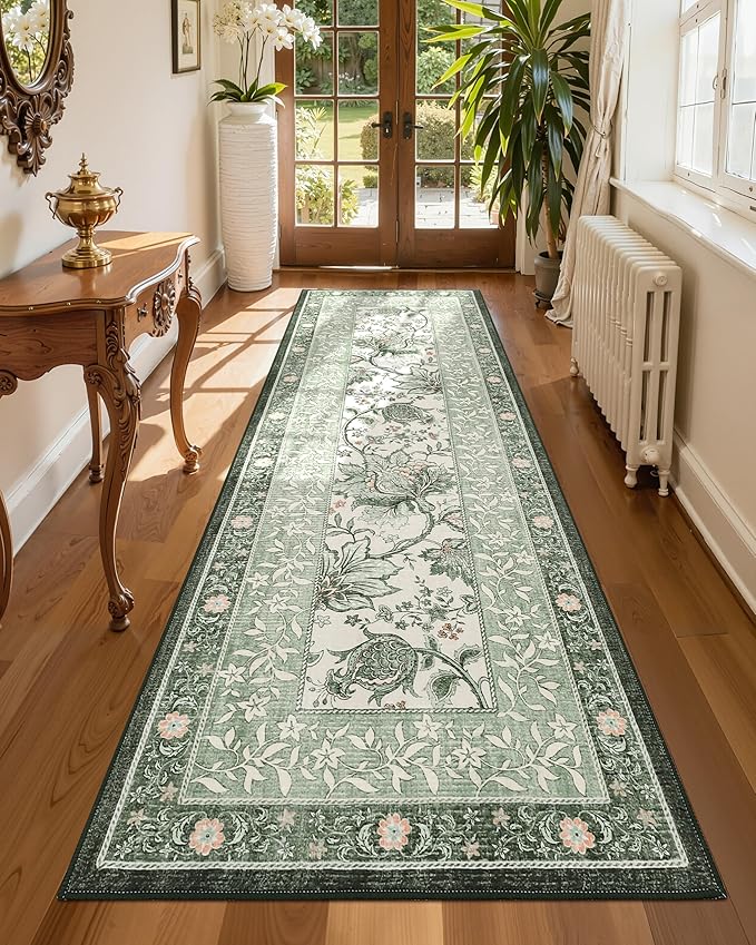 GarveeHome Sage Green 2x6 Washable Kitchen Runner Rugs Non Slip Provence Vintage Boho Cottage Long Rug for Hallways Bedroom Entryway Bathroom Mat with Rubber Back
