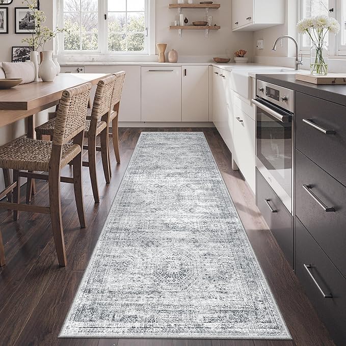 2x7 Runner Rug Non Slip, Thin Entryway Washable Rug for Entryway, Runners for Hallways, Low Pile Vintage Abstract Soft Rugs for Living Room, Kitchen, Bedroom(2'x7', Grey/Ivory)