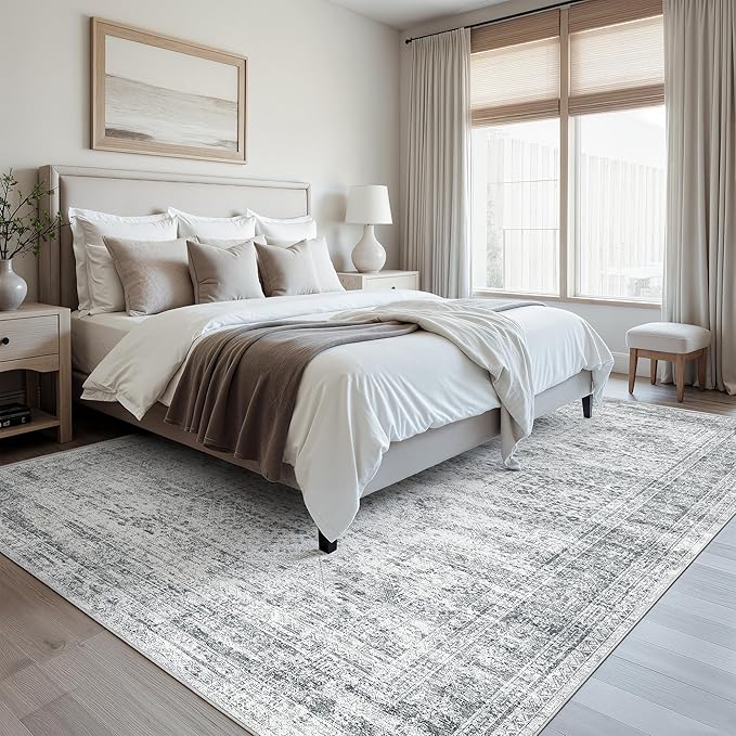 Soalmost 9x12 Area Rugs for Living Room, Non Slip Machine Washable Vintage Rugs, Low Pile Lightweight Large Rug for Bedroom, Dining Room, Home Office Grey