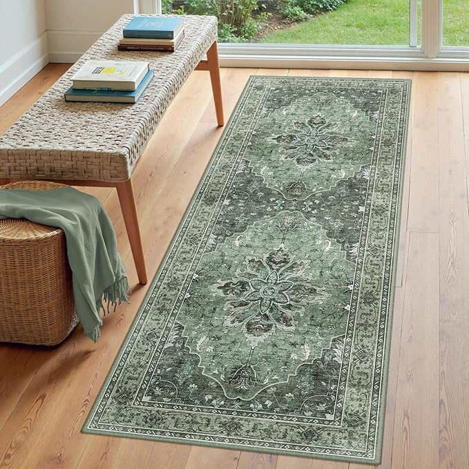 RELEANY Area Rugs 3'x6' Runner Rug Non Slip Washable for Kitchen Hallway Bedroom Beside Laundry Room Bathroom Rug, Floor Carpet, Dark Green Gray