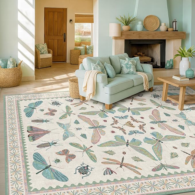 Green and Blue Rugs for Bedroom - Washable 6x8 Area Rug for Living Room, Dining Room, Non Slip Fun Insect Cute Kid Room Carpet, Stain Resistant Low Pile & Soft