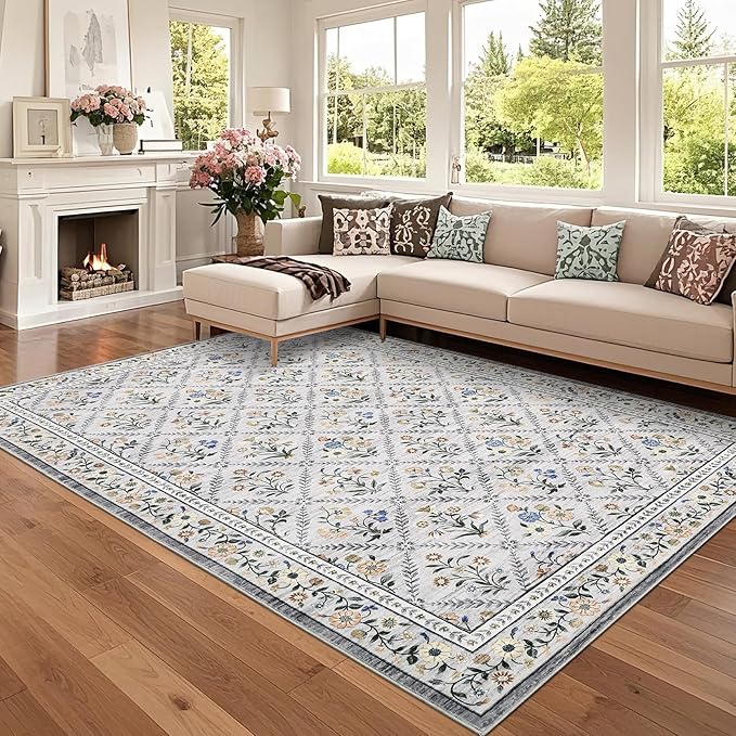 GarveeHome Living Room Rug 5x7 Rug Machine Washable Stain Resistant Area Rug Non Slip Floral Vintage Low Pile Rugs for Living Room, Bedroom, Farmhouse, Dining Room, Kids PlayroomGrey Beige