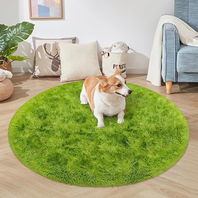 4x4 ft Tie Dye Green Round Rug for Bedroom Room Fluffy Circle Rug Furry Carpet Shaggy Circular Fuzzy Washable Non-Slip Large Area Rug Soft Indoor for Living Room Cute Aesthetic Home Decor