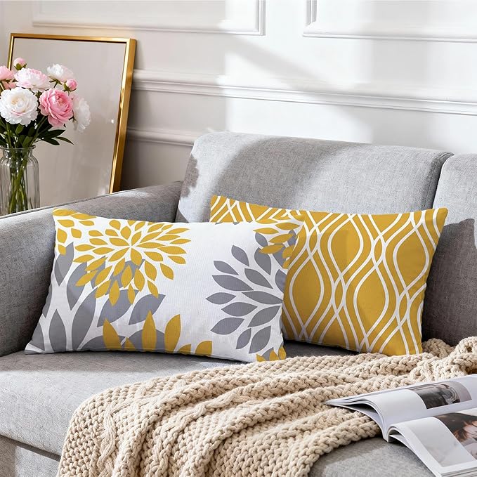 Hexagram Geometric Yellow Pillow Covers 12x20 Set of 4, Decorative Outdoor Boho Modern Throw Pillow Covers, Home Sweet Home Farmhouse Cushion Case for Couch Sofa Bedroom Indoor Decor(No Insert)