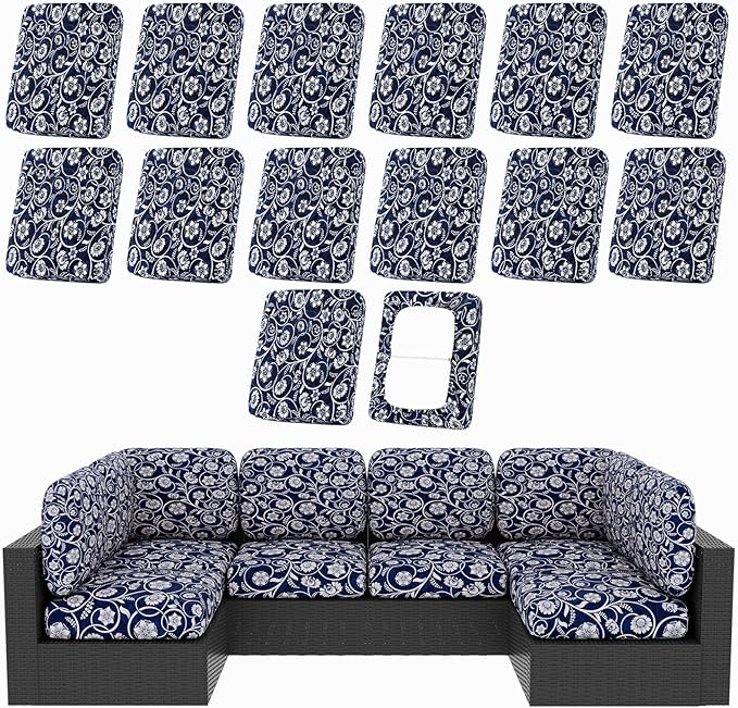 hyha 14Pcs Patio Cushion Covers, Stretch Outdoor Couch Cushion Covers Replacement, Washable Outdoor Chair/Sofa Slipcovers for Patio Furniture Cushions Protector with Elastic Bottom(Baroque,Cover Only)