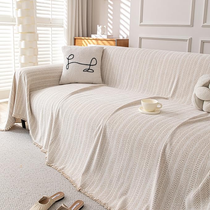 Boho Chenille Couch Cover for Dogs, Non Slip Sofa Cover, Couch Slipcover Covers for 3 Cushion, Furniture Protector with Tassels for Pets Washable, 91"x134", Fishbone Beige