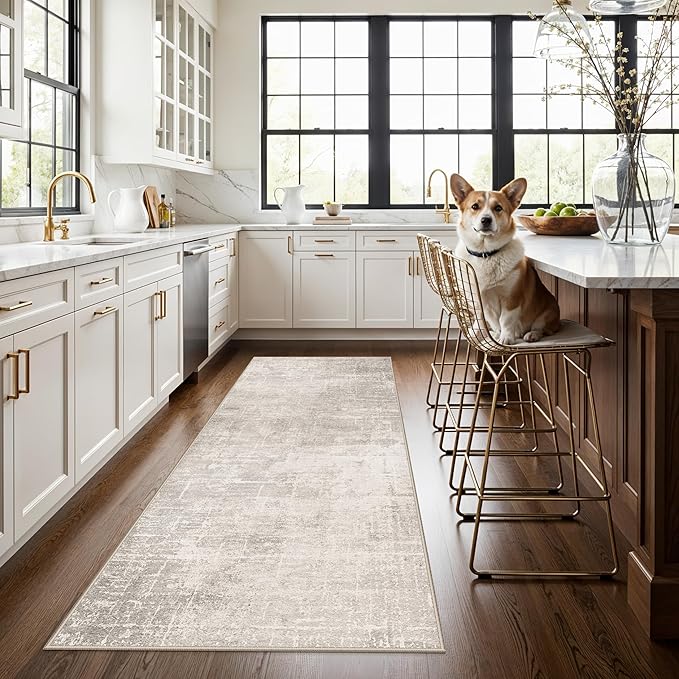 3x7 Washable Hallway Runner Rug: Abstract Stain Resistant Kitchen Rug Farmhouse Ultra Soft Bathroom Bedroom Entryway Printed Floor Mat Thin Non-Slip Carpet for Living Room Laudry(3x7,Beige/Cream)