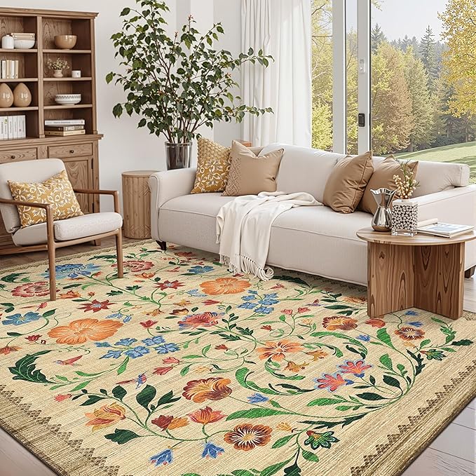 GarveeHome Washable Rug 8x10 Area Rugs for Living Room, Floral Rug for Bedroom, Soft Vintage Non Slip Throw Rugs with Rubber Back, Low Pile Stain Resistant Boho Floral Carpet for Dining Room, Beige