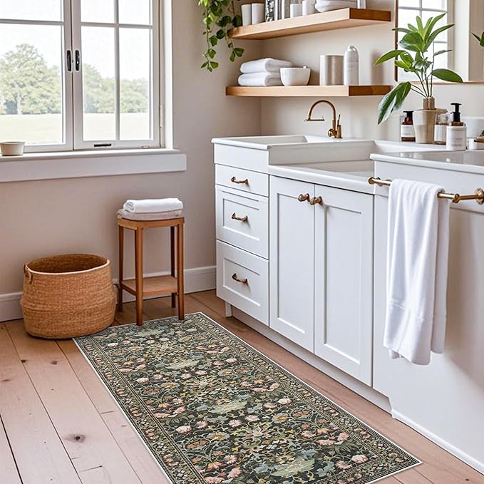 Hallway 2x5 Washable Runner Rug: Oriental Floral Stain Resistant Rug for Entryway Kitchen Farmhouse Soft Carpet for Bathroom Bedroom Thin Laudry Living Room Floor Mat with Non Slip Backing(2x5,Green)