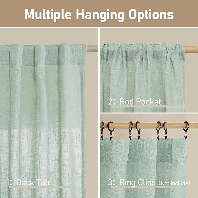 LAMIT Short Linen Window Curtains 40 Inch Length 2 Panels, Light Sage Semi Sheer Light Filtering Panels Back Tab and Rod Pocket Neutral Drapes for Basement/Window/Loft Room, 34 x 40 Inch