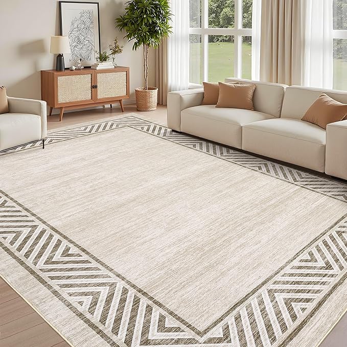 GarveeHome Large Dining Room Rug 10x13 Washable Bordered Carpet for Bedroom, Stain-Resistant Ultra-Thin Indoor Rug with Non-Slip Backing, Contemporary Floor Cover for Living Room, Office, Beige