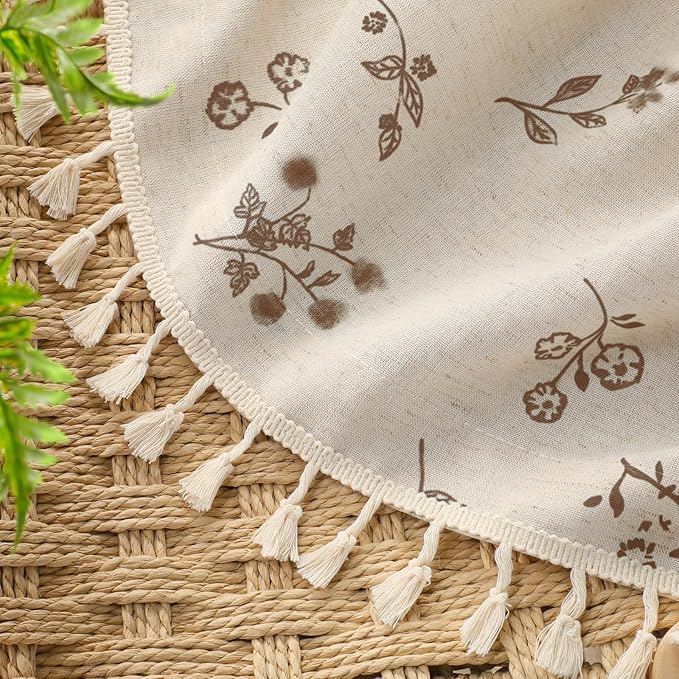 Boho Floral Spring 100% Blackout Curtains 84 Inch Length 2 Panels Set, Linen Texture Farmhouse Curtains with Beige Tassel for Living Room Bedroom, Vintage Rustic Rod Pocket,Brown