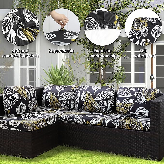 8Pcs Outdoor Cushion Covers, Patio Cushion Covers,Stretch Elastic Slipcovers, Replacement Washable & Reusable Furniture Protector for Patio Couch (Herbal-Pattern,Cover Only)