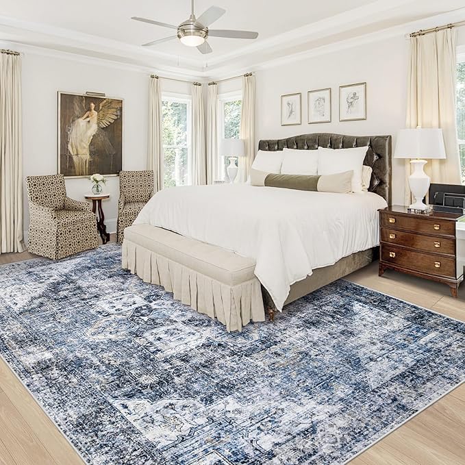 Area Rug 8x10 Washable Rug, Vintage Boho Medallion Rugs Non-Slip Soft Low Pile Large Distressed Rug Indoor Retro Carpet for Living Room Bedroom Dining Room Home Office (Blue, 8'x10')