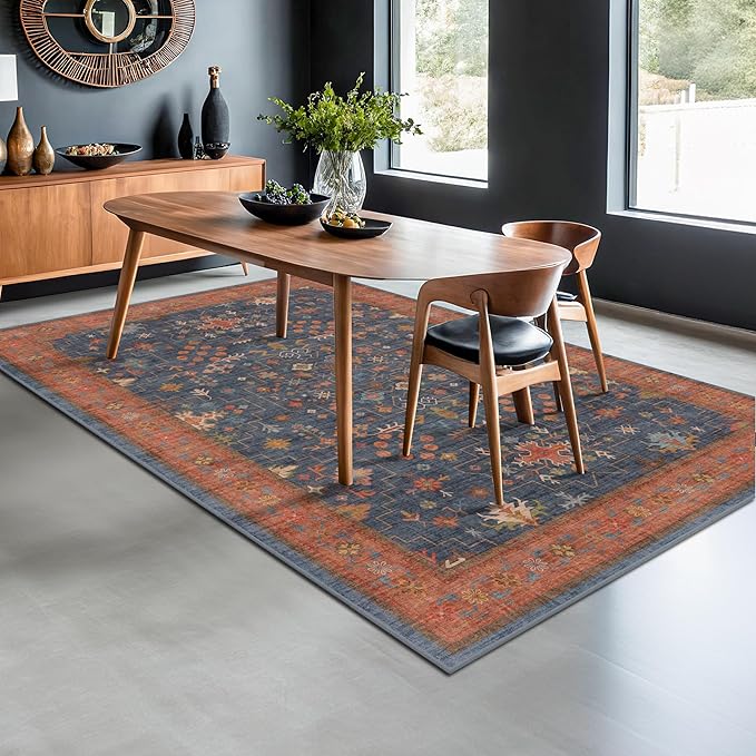 Hazo Haus Navy Blue Area Rug 5x7 Living Room Rug - Machine Washable Rugs for Bedroom, Dining Room, Kitchen Floor, Small Office, Low Pile Non-Slip Rubber Backing & Stain Resistance