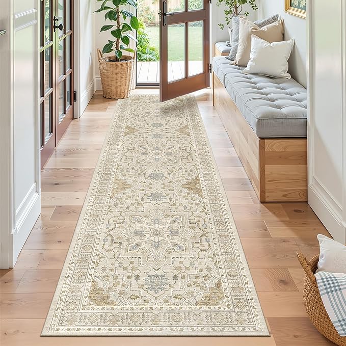 Madane Kitchen Runner Rug - 2x7 Runner Rugs with Rubber Backing Non Slip Vintage Washable Rug Runner Ultra-Thin Throw Carpet Runners for Hallways Bedroom Laundry Room (2'x7', Beige/Blue)