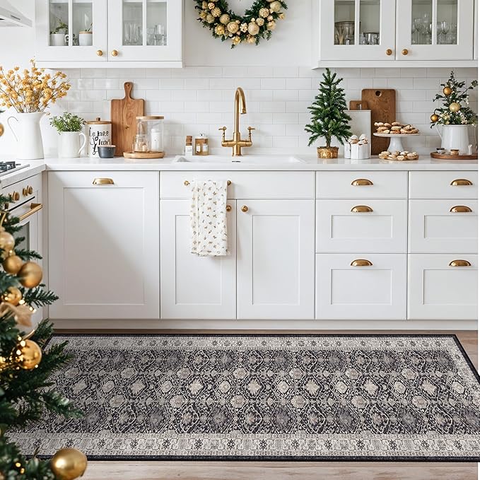 Hallway Washable Runner Rug - 2x7 Kitchen Rugs Entryway Rug Runner Vintage Soft Floor Mat Non Slip Indoor Farmhouse Carpet for Bathroom Living Room Bedroom (2 X 7, Black)