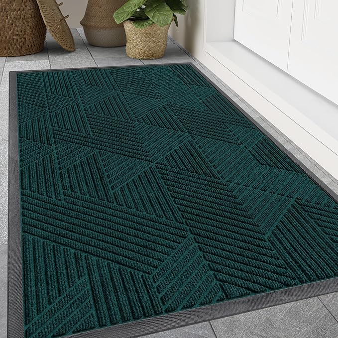 Smiry Front Door Mat Outside Entrance, Heavy Duty Sturdy Natural Rubber Doormat, Trap Dirt and Moisture, Easy Clean Low Profile Mats for Indoor Outdoor Entry, Irregular Triangle (47x32, Atlantic Blue)