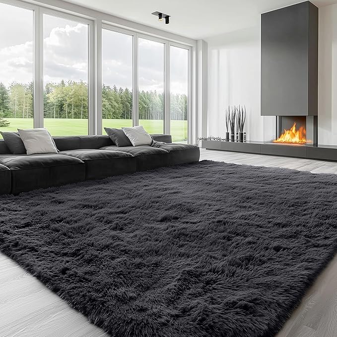OLANLY 8x9 Machine Washable Large Area Rugs for Living Room, Bedroom, Soft Fluffy Shaggy Bedside Rug, Indoor Floor Carpet for Kids Girls and Boys, Dorms, Nursery, Home Decor Aesthetic, Black