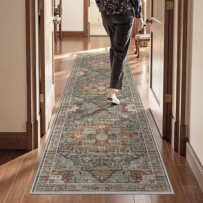 Runner Rug 2x8 Runners for Hallways Non Slip Washable, Vintage Hallway Runner Rugs for Living Room, Low Pile Soft Hallway Rug for Kitchen Bedroom Laundry Room Rug(Grey/Brown/Tan,2'x8')