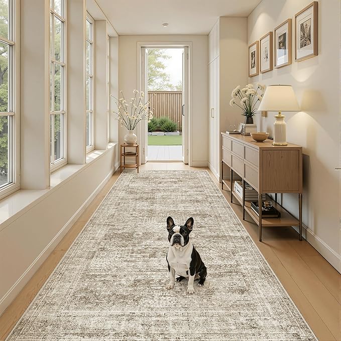Hallway Runner Rug 4x8 Wide: Washable Thin Runners for Hallways Entry, Non Slip Soft Vintage Kitchen Area Rugs for Living Room Bedroom Dining Room Foyer (Brown, 4x8)