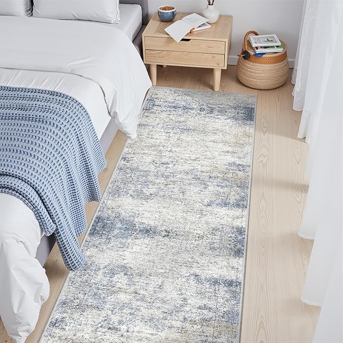 2x5 Rug Runner Washable for Entryway, Soft Bathroom Rugs with Non-Slip Backing, Abstract Low Pile Hallway Runner, Vintage Small Kitchen Carpet for Laundry Room(2'x5', Blue/Brown/Ivory)