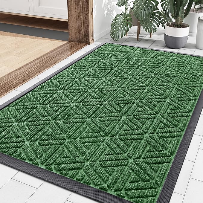 Smiry Front Door Mat Outside Entrance, Heavy Duty Sturdy Natural Rubber Doormat, Trap Dirt and Moisture, Easy Clean Low Profile Mats for Indoor Outdoor Entry, Grid Geometric (35x23, Green)