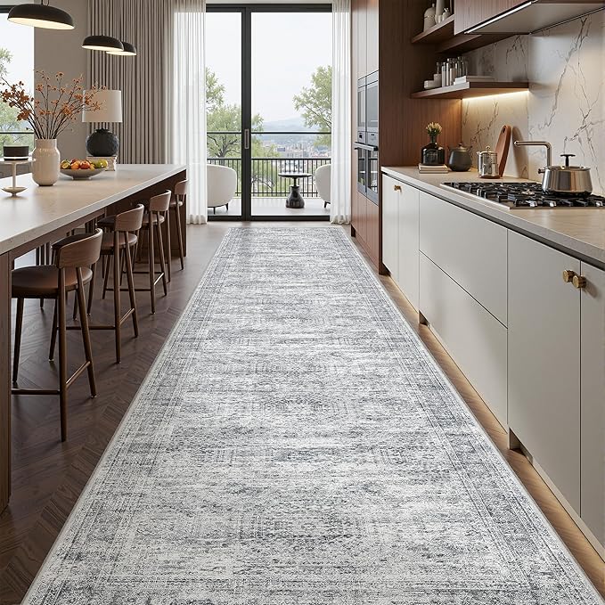 Washable Runner Rug 2.5x12, Non-Slip Long Bathroom Rugs Runner for Kitchen, Living Room, Bedroom, Soft Vintage Rug for Entryway, Thin Floor Mat for Dining Room(2.5'x12', Grey/Ivory)
