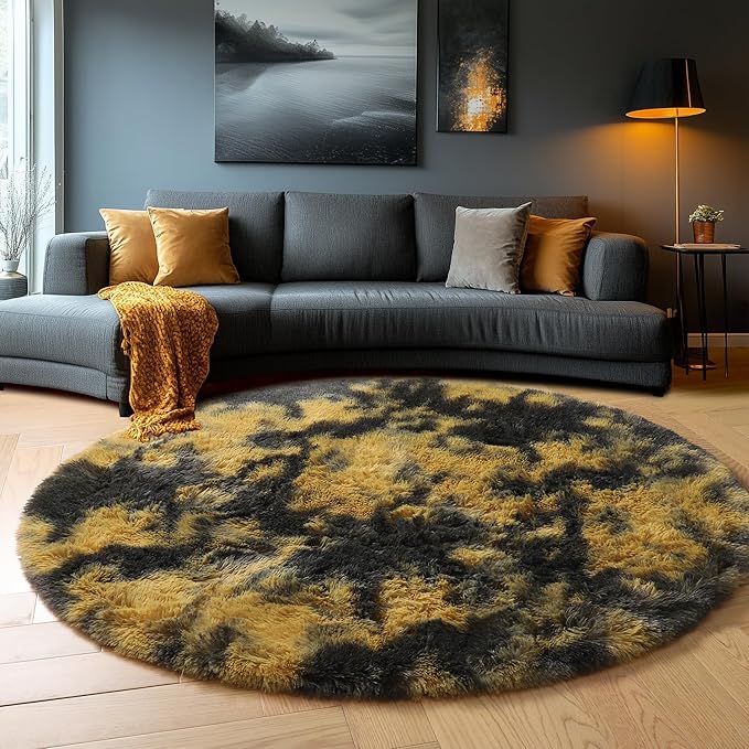 Amdrebio Black Gold Yellow Grey Round Circle Rugs 5Ft for Bedroom Living Room Decor, Fluffy Furry Area Rug for Kids Room Dorm Home Office, Modern Cool Leopard Cheetah Shag Carpet for Teen Boys Men