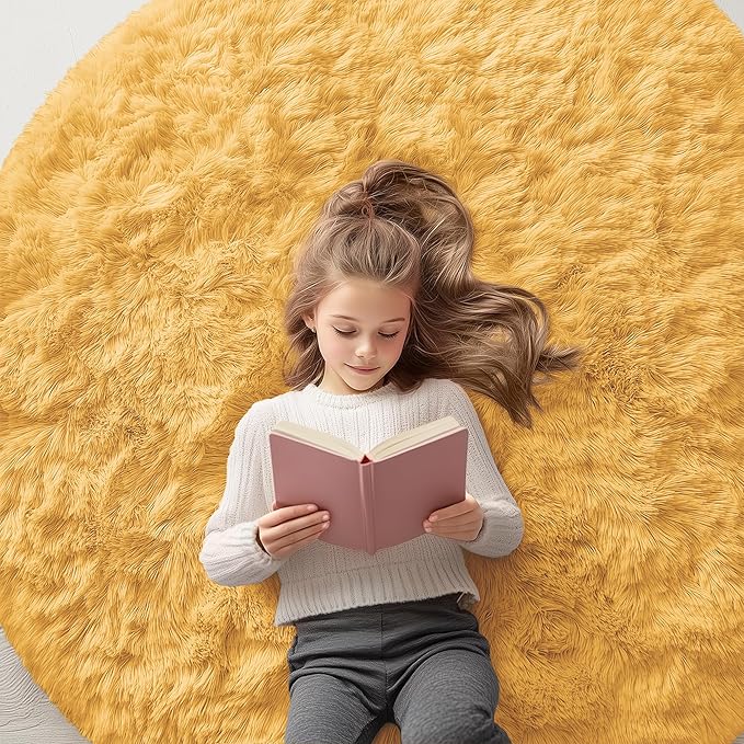 OLANLY Mustard Yellow Round Rugs for Bedroom - Machine Washable, 5 ft Circle Area Rugs for Living Room, Soft and Fluffy Shaggy Carpet for Teen Girl and Boys, Nursery Rooms, Dorms, Home Decor Aesthetic