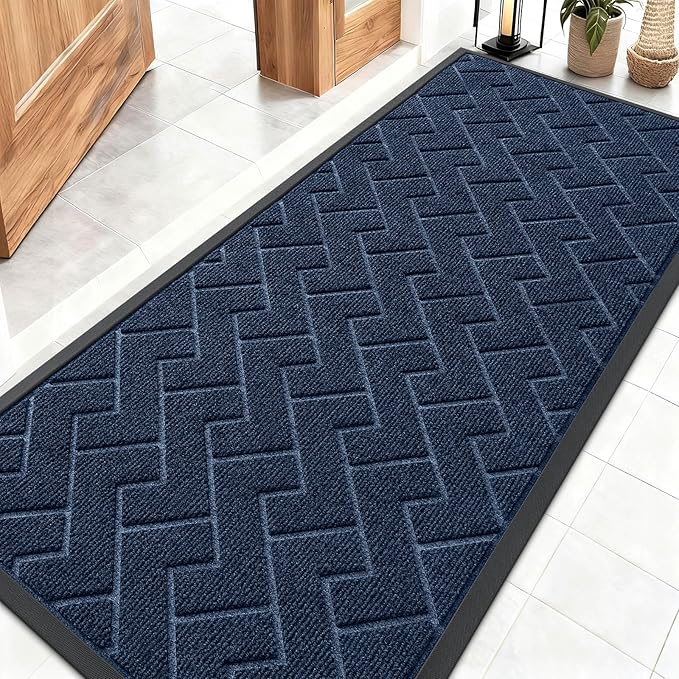OLANLY Front Door Mat Indoor Outdoor Entrance, Waterproof All-Season, All-Weather Doormat, Sturdy Natural Rubber, Low Profile, Easy Clean Patio Porch Entryway Mat, Herringbone Brick (Blue, 59x23)