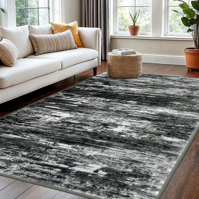 KOZYFLModern Abstract 4x6 Ft Washable Large Rugs for Entryway Non-Slip Soft Living Room Rug, Print Black Grey Throw Rugs Indoor Mat for High-Traffic Door Entrance, Laundry, Nursery, Bedroom