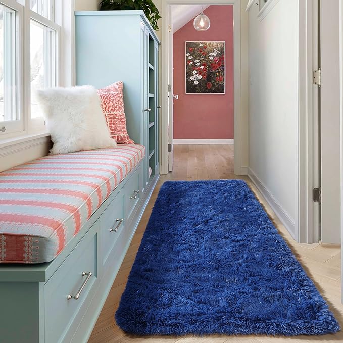 ONASAR Navy Blue Runner Rugs for Bedroom Living Room, Fluffy 2x6 Bedside Hallway Area Rug, Ultra Soft Plush Furry Faux Fur Non Slip Floor Carpet for Nursery Kids Dorm Closet Home Decor