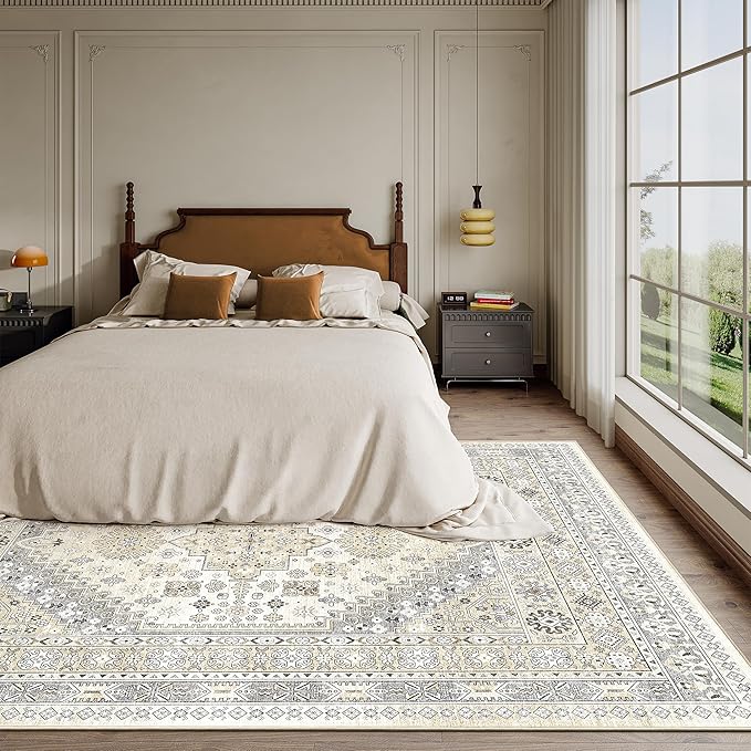 zesthome 5x7 Area Rugs - Ultra-Thin Washble Rug, Stain Resistant Anti Slip Backing Rugs for Living Room,Bedroom, Vintage Home Decor Area Rug (Beige,5'x7')