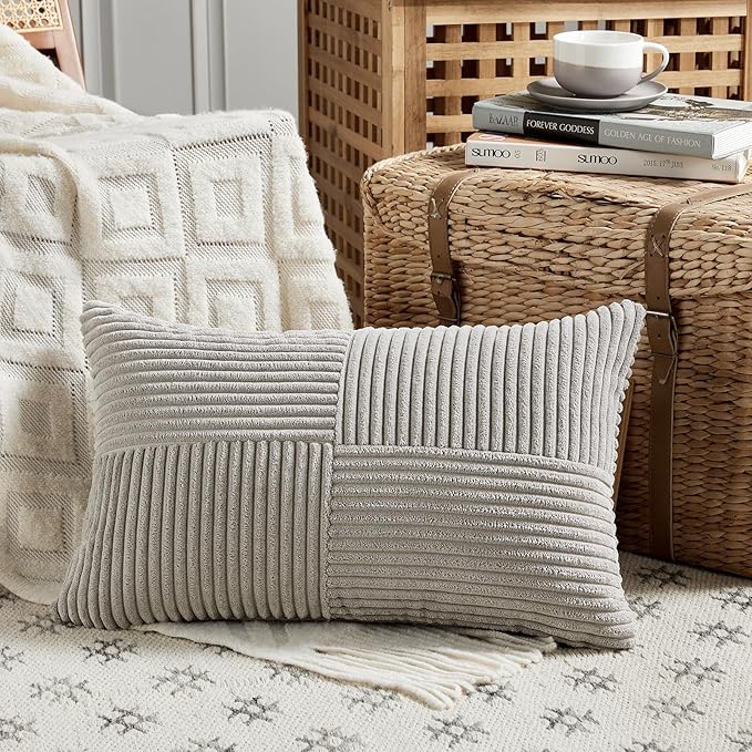 Fancy Homi 2 Packs Neutral Grey Lumbar Decorative Throw Pillow Covers 16x28 Inch for Living Room Couch Bed Sofa, Farmhouse Home Decor, Soft Striped Corduroy Rectangle Accent Cushion Case 40x70 cm