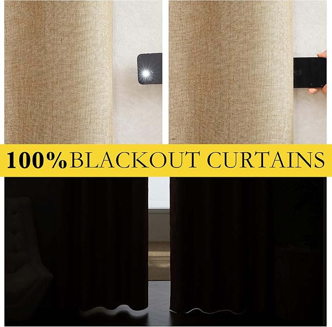 NICETOWN Camel High-End Thermal Flax Linen Curtains, 62" Wide Per Panel, Set of 2, Full Blackout Privacy Drapes 72" Long for Dining Room, Soundproof Window Treatment Panels for Hall Room