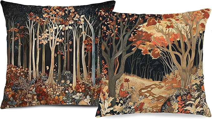Rustic William Morris Inspired Autumn Forest Decor Throw Pillow Covers 18x18 Set of 2,Vintage Botanical Nature Decorative Throw Pillow Covers for Home Bedroom Living Room