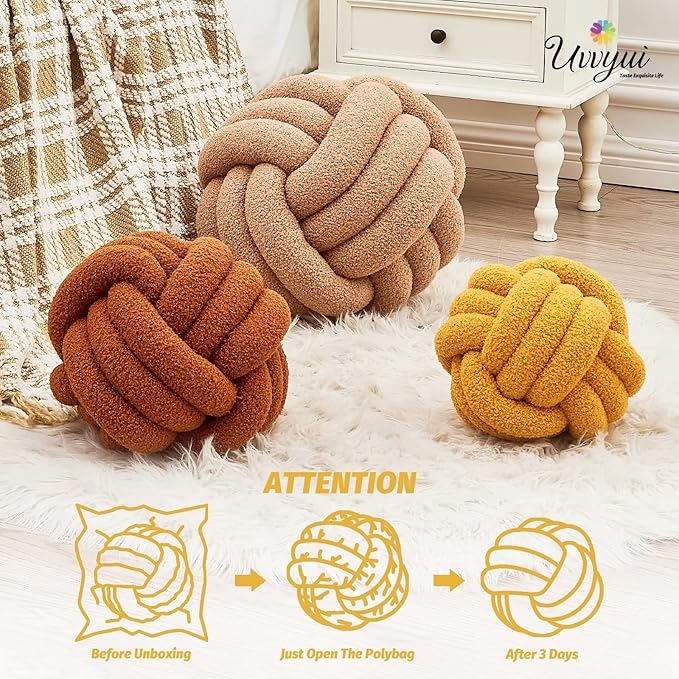 Uvvyui Knot Pillow Ball, Soft Home Decorative Pillows, Round Throw Pillow, Handmade Knotted Plush Pillow, Round Boucle Pillow Cushion (14 Inches Dark Yellow)