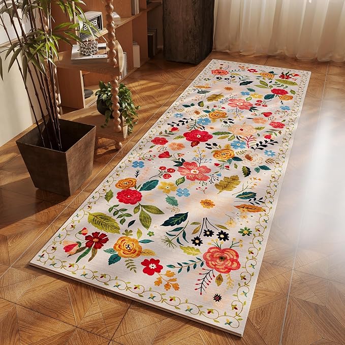 Rugcomf Runner Rug for Hallways Kitchen Rug Non Slip 2'x 6' Washable Rugs with Rubber Backing Soft Floral Carpet Runner for Hallways, Kitchen, Laundry, Bedroom, Bathroom(Beige)