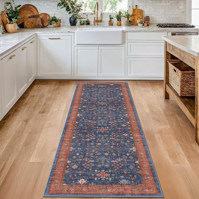 Hazo Haus Navy Blue Runner Rug 2x6 for Kitchen, Hallway, Mudroom, Laundry Room, Bathroom, Washable Non Slip Non Skid Rubber Backing Low Pile Stain Resistance