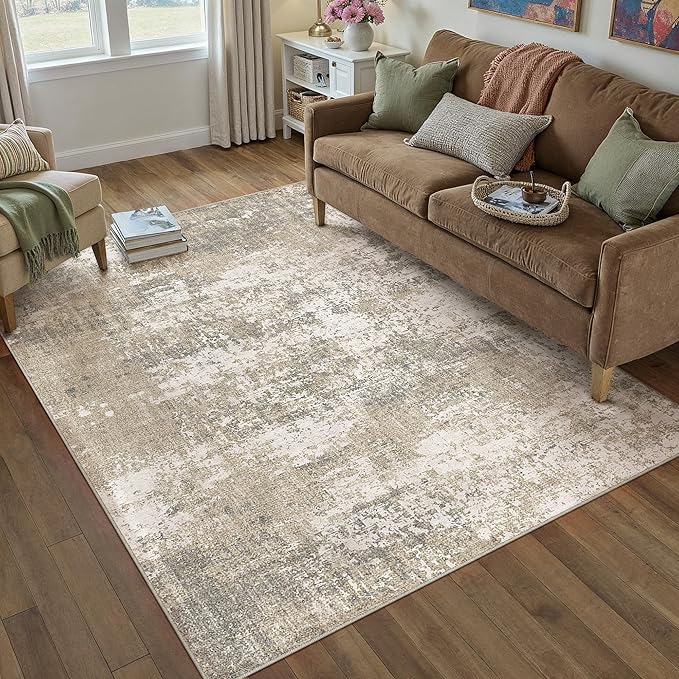 Beige Area Rug 4x6 Machine Washable Modern Abstract Office Carpet Neutral Non Slip Indoor Entry Low Pile Soft Non Shedding Small Mat Bedroom Throw Rug for Kitchen Laundry Dining Room