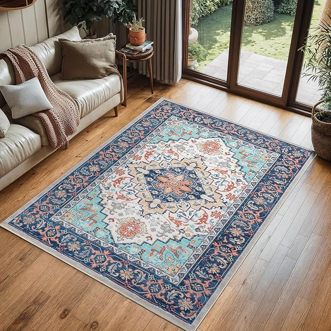 Lofus 3x5 Area Rugs for Living Room, Machine Washable Area Rug, Soft Small Rugs for Bedroom, Kitchen, Office and Indoor, Vintage Boho Carpet, Non-Slip Low Pile Carpets, Floral Blue