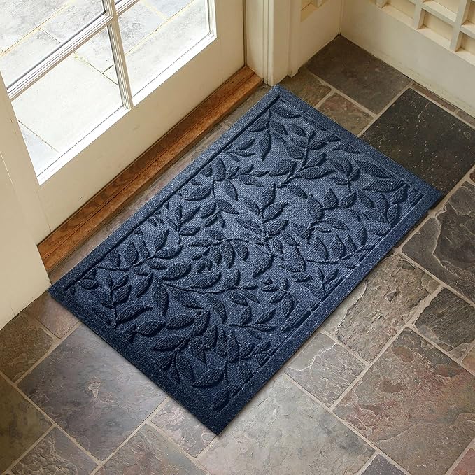 Blue Leaves Outdoor Indoor Entrance Doormats, Absorbent Durable Heavy Duty Welcome Front Door Mat,Thick Natural Rubber Back,Easy Clean Entryway Mat 17x30 Inch, Low Profile