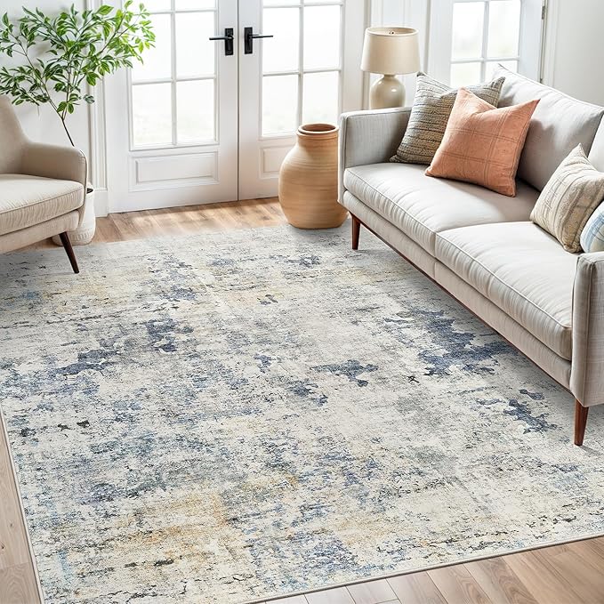 Soalmost 6x9 Abstract Area Rugs for Living Room 6 x 9 Washable Non Slip Low Pile Gray Rugs for Bedroom Dining Room Foldable Thin Blue Yellow