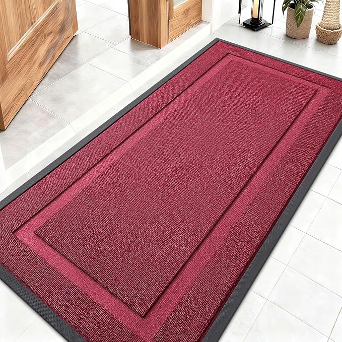 OLANLY Front Door Mat Indoor Outdoor Entrance, Waterproof All-Season, All-Weather Doormat, Sturdy Natural Rubber, Low Profile, Easy Clean Patio Porch Entryway Mat, 47x23, Burgundy