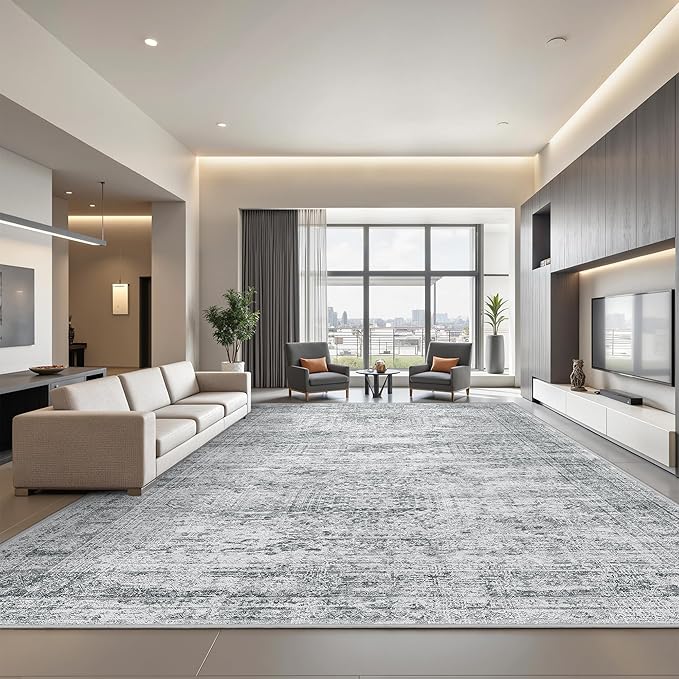 8x10 Area Rugs for Living Room, Non-Slip Backing Large Washable Rug for Nursery Room, Vintage Abstract Bedroom Rugs, Thin Indoor Home Decor Soft Farmhouse Rug (8'x10', Grey/Ivory)