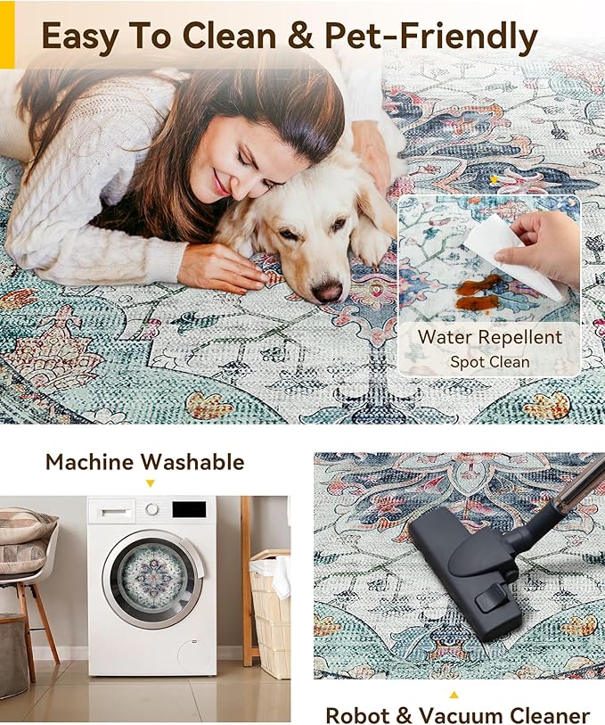 Area Rugs 5ft Washable Non-Slip, Floral Vintage Distress Print Pattern Medallion Carpet for Living Room Bedroom Dining Room, Green Navy Blue White Red Teal Colorful