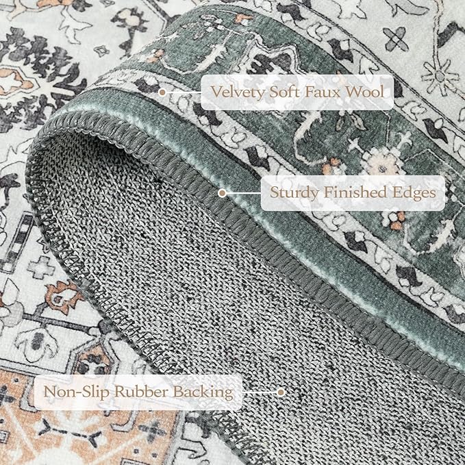Rugflix 8x10 Area Rugs for Living Room, Washable Rug, Soft Low Pile Carpet, Non-Slip, Stain Resistant, Vintage Area Rug, Sage Green Rug for Bedroom, Dining Room, Home Office