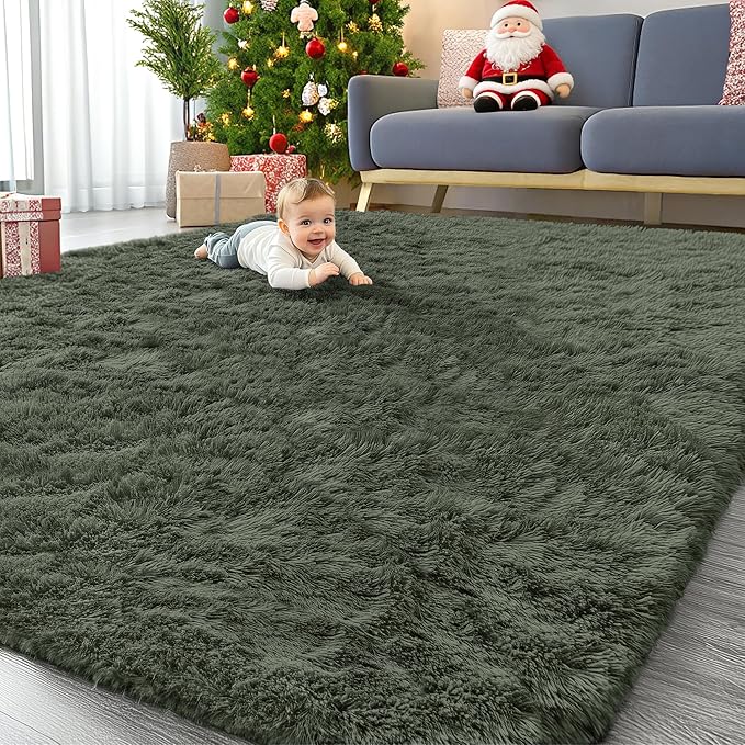 OLANLY 9x12 Machine Washable Large Area Rugs for Living Room, Bedroom, Soft Fluffy Shaggy Bedside Rug, Indoor Floor Carpet for Kids Girls and Boys, Dorms, Nursery, Home Decor Aesthetic, Olive Green